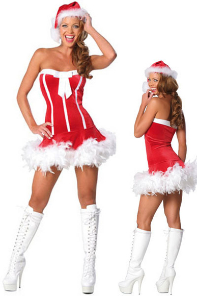 Christmas Costume Strapless White Stripe Santa Suits - Click Image to Close